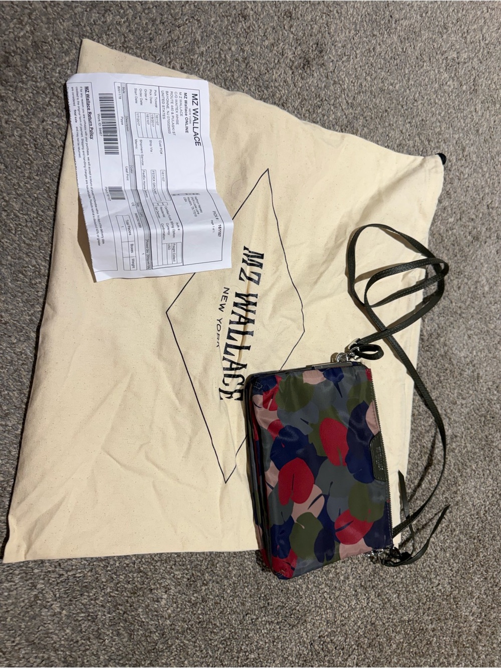 MZ Wallace Crossbody Bag “Pippa”in Multicolor Leaf Print (Navy, Red, Green, Pink
